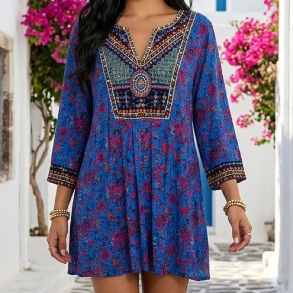 SOFT SURROUNDINGS Boho Tamuri Floral Embroidered Bead Sequin Tunic Top LARGE